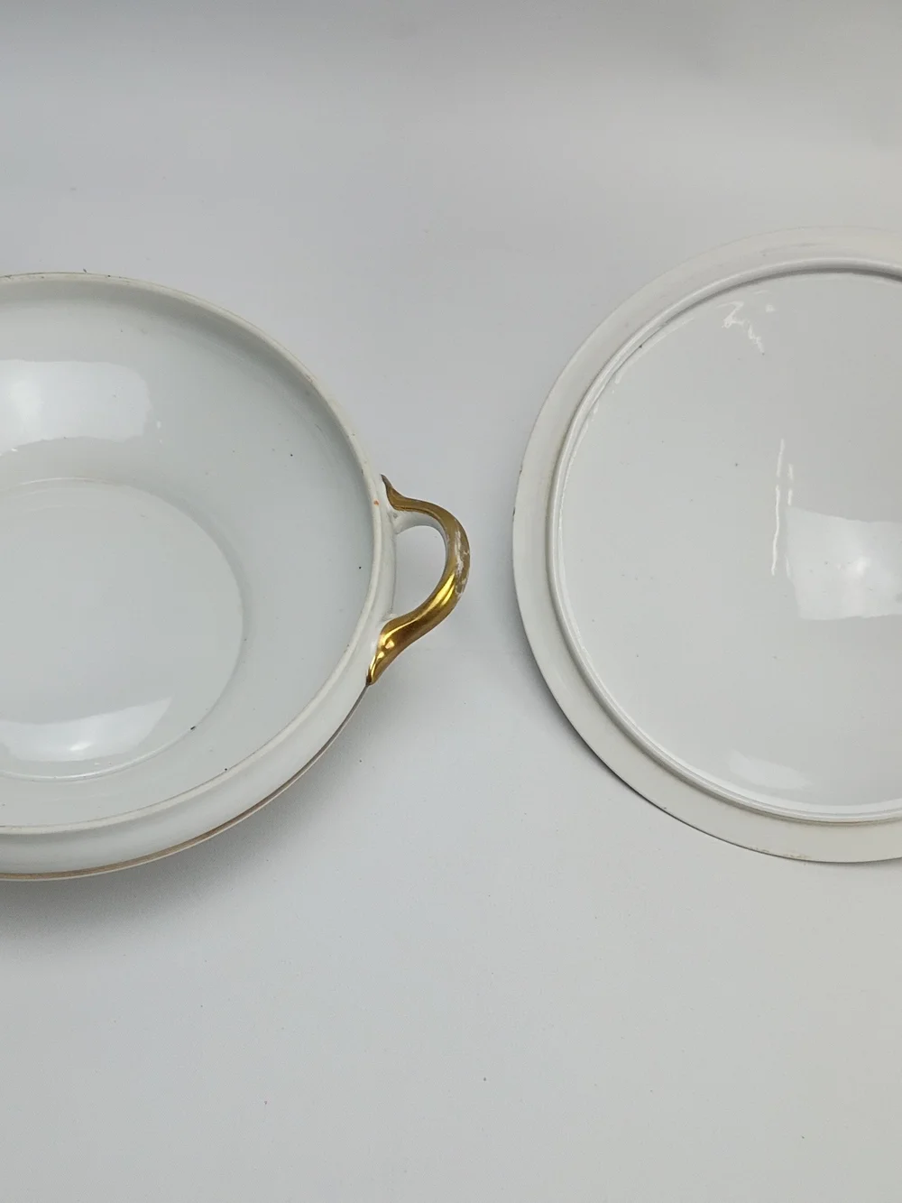 White Porcelain Covered Serving Bowl with Gold Handle